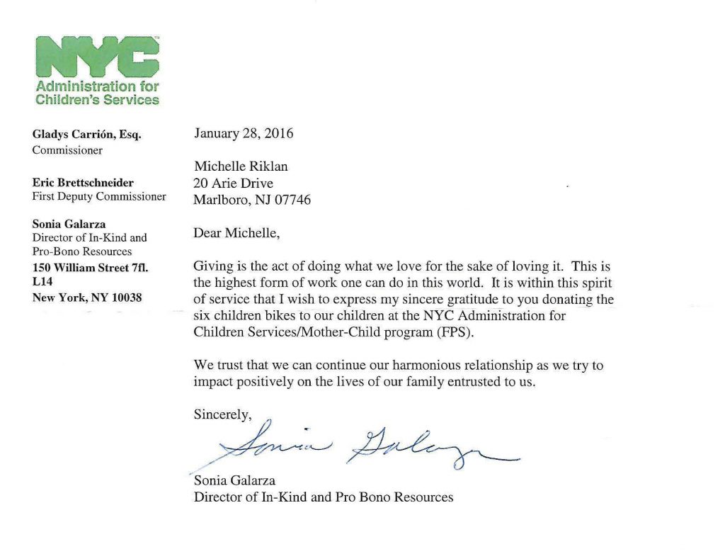 Kind Note from a New York City Charity