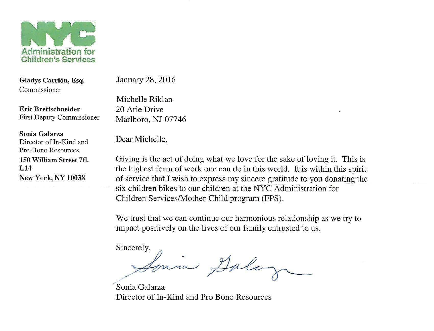 Kind Note from a New York City Charity