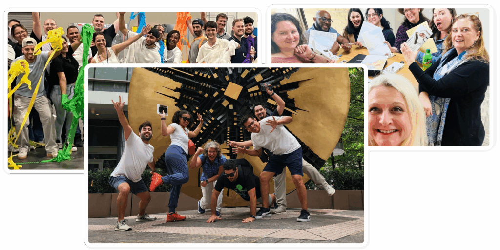 Collage of various fun team-building activities